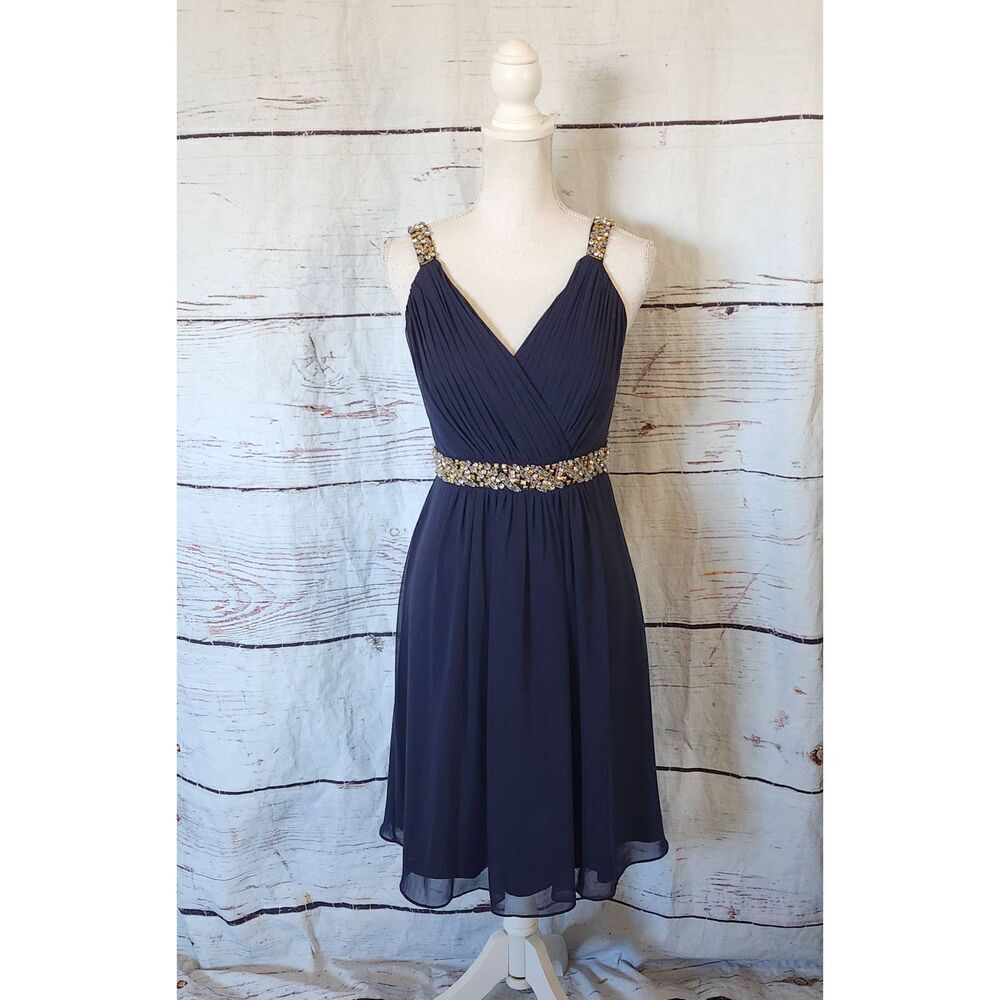 Calvin Klein Satiny Sleeveless Dress with Gold and Beading Detail Size 4 NWT‎
